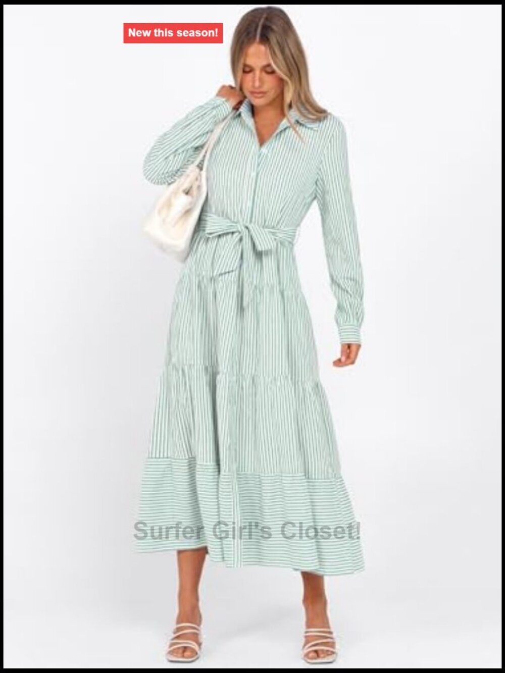 Women's Long Sleeve Striped Flowy Maxi Dress Button Down Ruffle Hem Tie Waist - Picture 3 of 7
